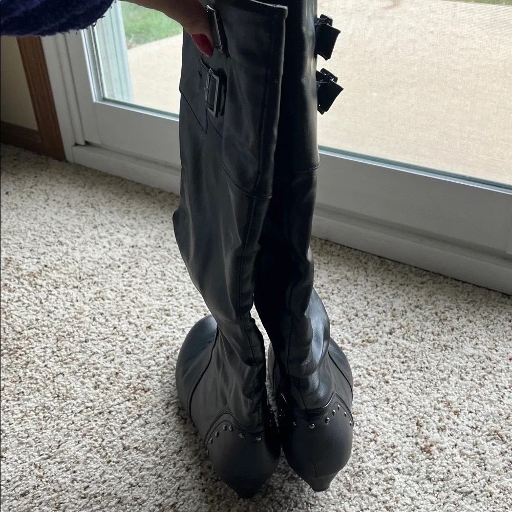 a new day Black wendy Over the Knee moto winter Boots faux leather